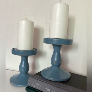 2 Blue Wooden Hand Painted Candle Holder Set Home Decor Rustic Modern Custom Mad